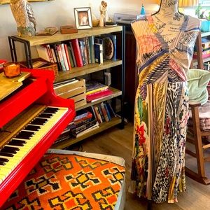 Anthropologie party dress in silky graphic prints. Pleated skirt for dancing.